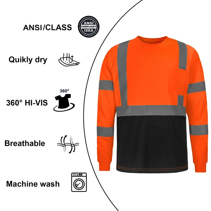 DPSAFETY High Visibility Class 3 T Shirts,Hi Vis Safety Shirts with Reflective Strips and Pocket, Long Sleeve Quick Dry Mesh Construction Work Shirt for Men/Women Black Bottom Orange,XL - Image 3